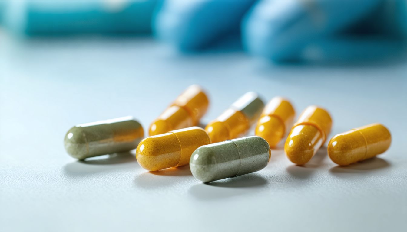 Medical illustration of male reproductive system with pills and herbal capsules symbolizing potency enhancers
